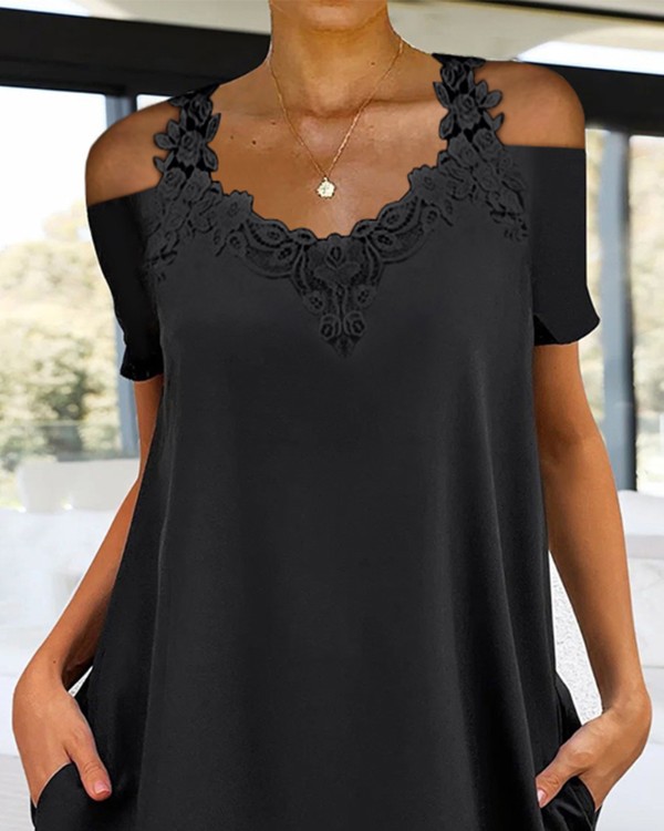 Contrast Lace Cold Shoulder Casual Dress