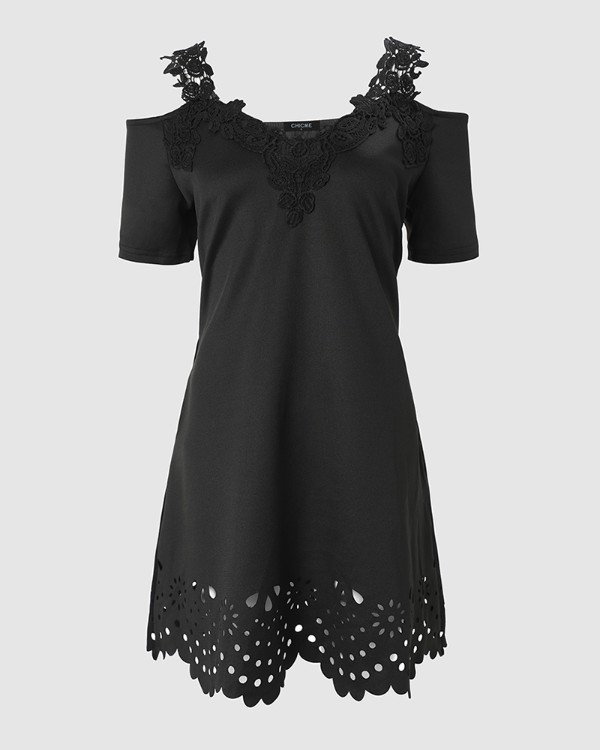 Contrast Lace Cold Shoulder Casual Dress