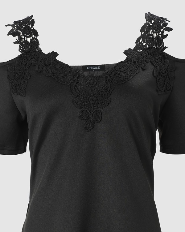 Contrast Lace Cold Shoulder Casual Dress