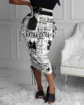 Newspaper Print Drawstring Ruched Skirt