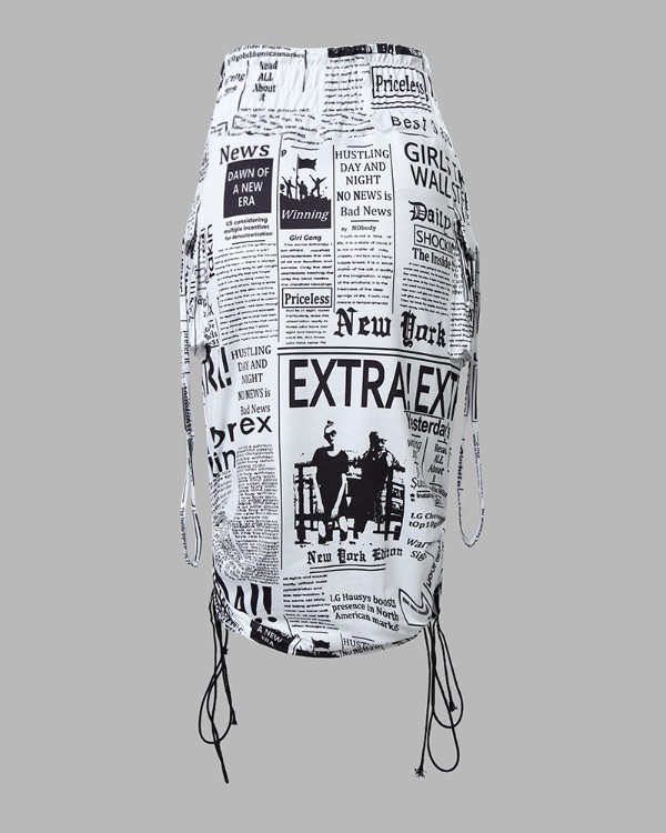 Newspaper Print Drawstring Ruched Skirt