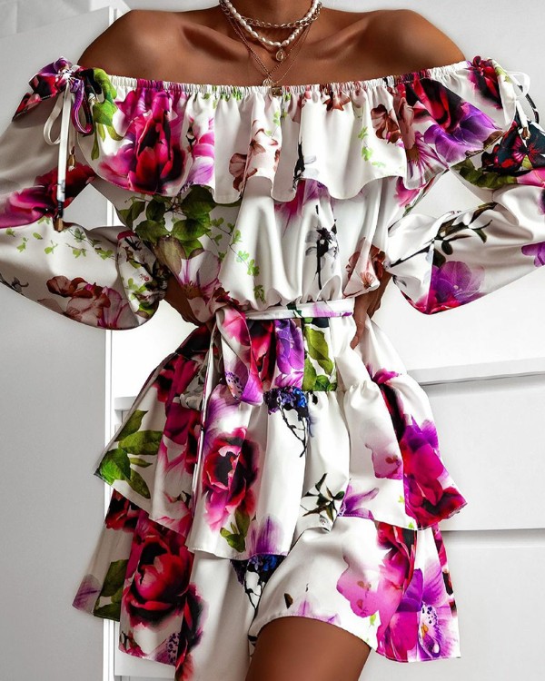 Floral Print Off Shoulder Long Sleeve Ruffle Trim Dress