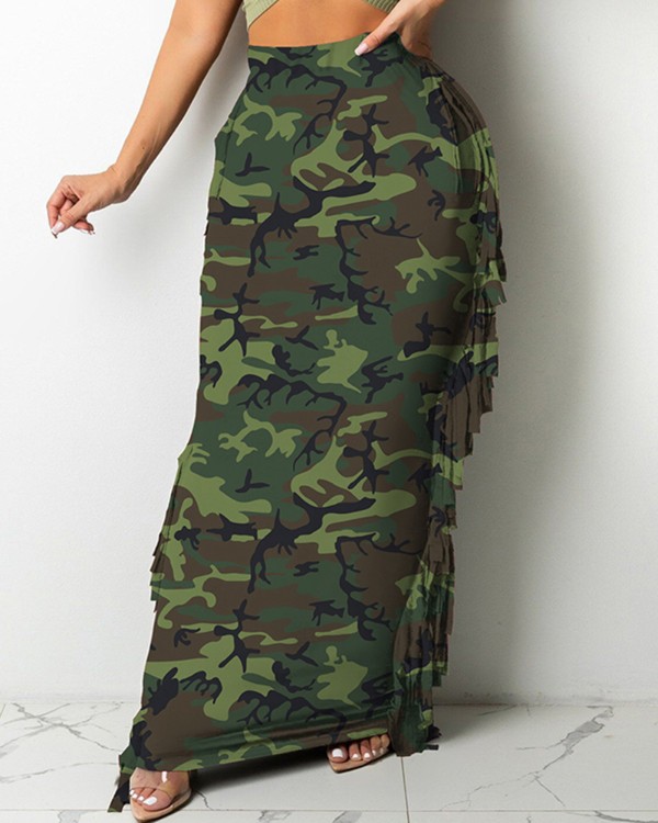Camouflage Print Tassel Design Skirt