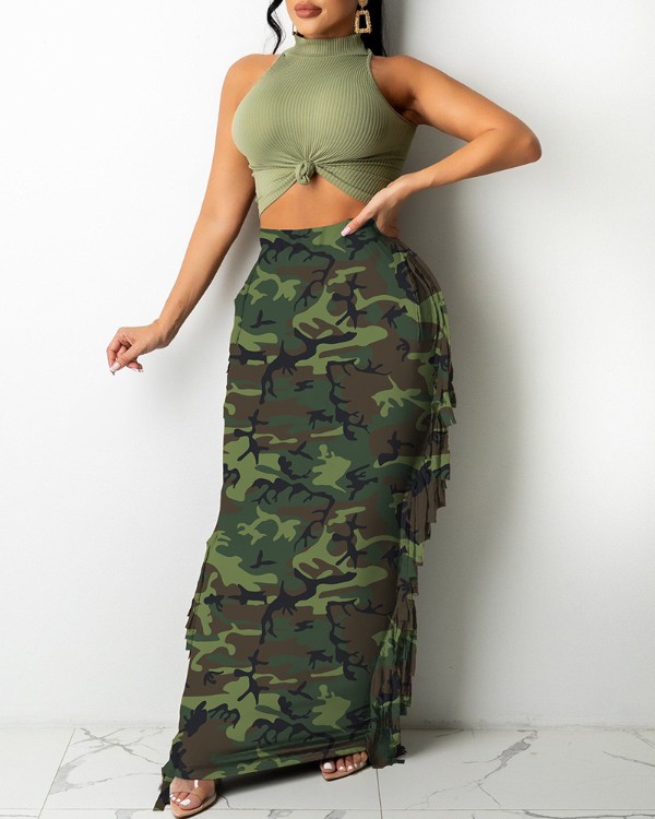 Camouflage Print Tassel Design Skirt