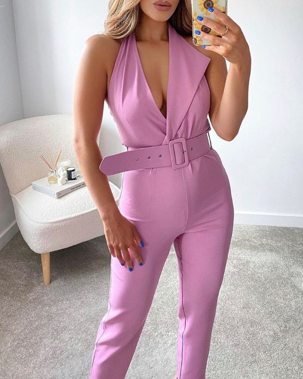Halter Asymmetrical Neck Jumpsuit With Belt