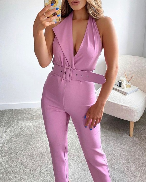 Halter Asymmetrical Neck Jumpsuit With Belt