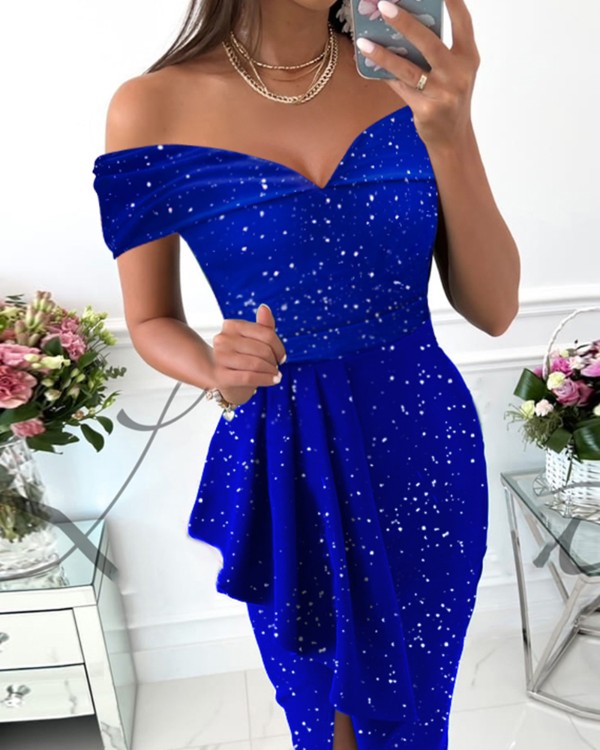 Glitter Off Shoulder Draped Detail Slit Party Dress