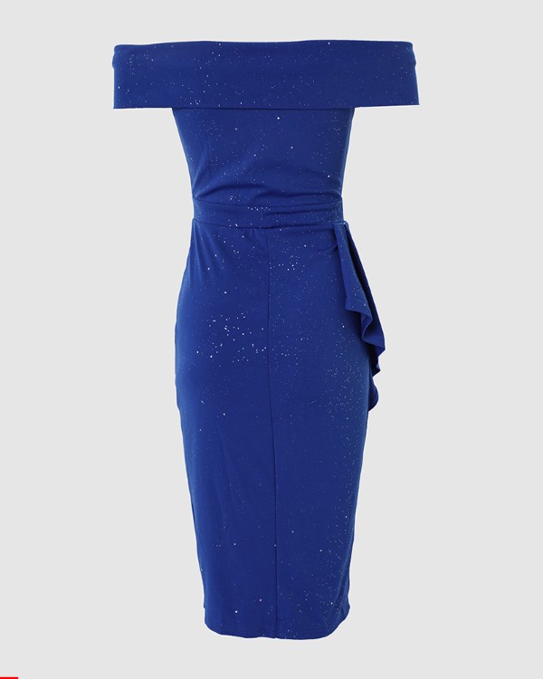 Glitter Off Shoulder Draped Detail Slit Party Dress