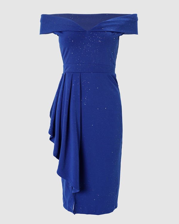 Glitter Off Shoulder Draped Detail Slit Party Dress