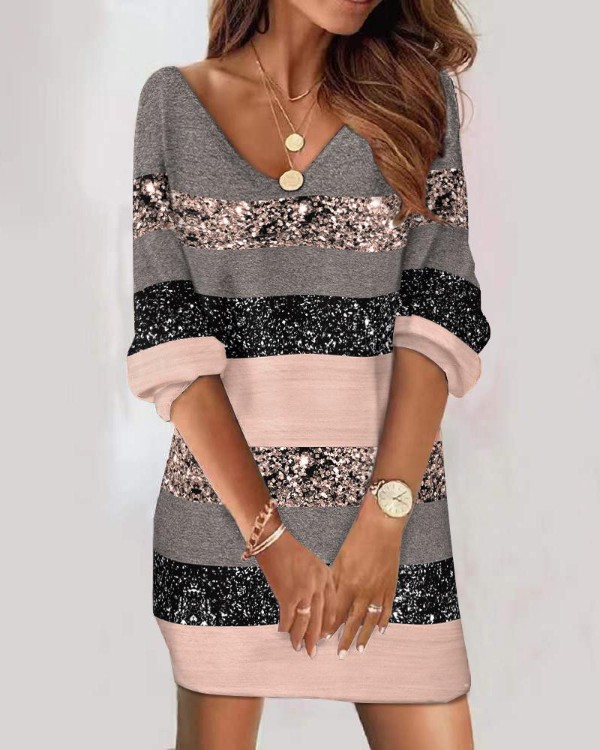 Colorblock Striped Print Casual Dress