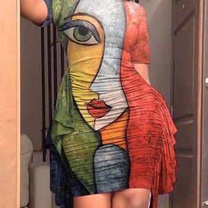 Abstract Figure Print Ruffle Hem Ruched Casual Dress