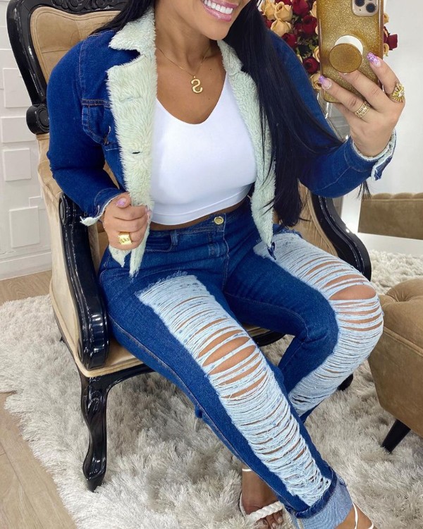 Ripped Cutout High Waist Single Button Jeans