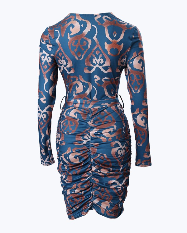 Allover Print Long Sleeve Tied Detail Ruched Dress