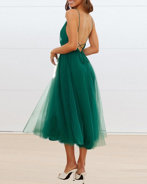 Crisscross Backless Sheer Mesh Evening Dress