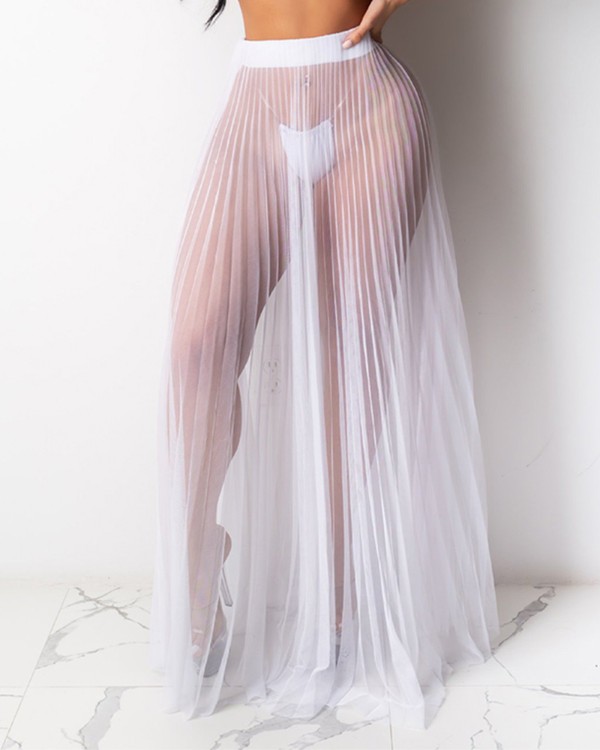 High Waist Sheer Mesh Pleated Maxi Skirt
