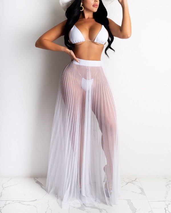 High Waist Sheer Mesh Pleated Maxi Skirt