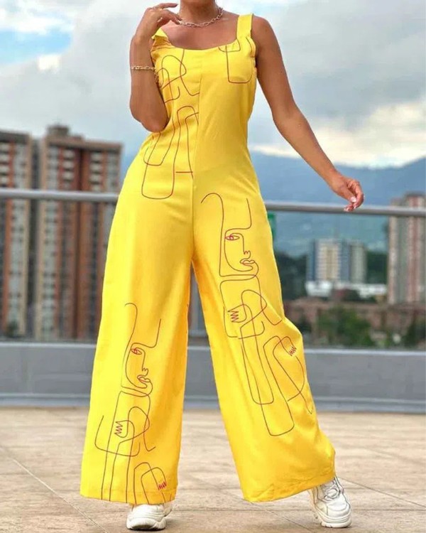 Figure Print Thick Strap Wide Leg Jumpsuit