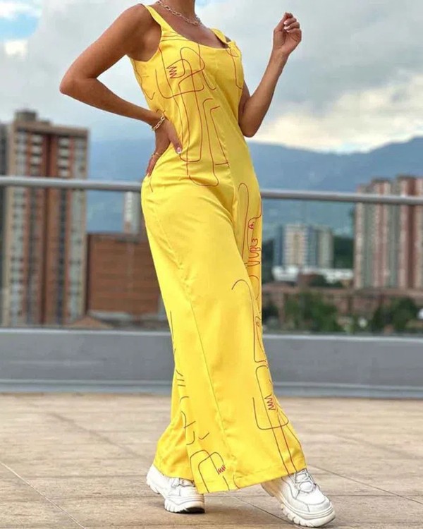 Figure Print Thick Strap Wide Leg Jumpsuit