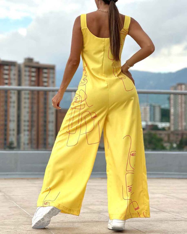 Figure Print Thick Strap Wide Leg Jumpsuit