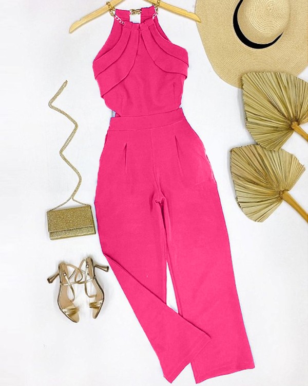Chain Strap Ruched Wide Leg Jumpsuit