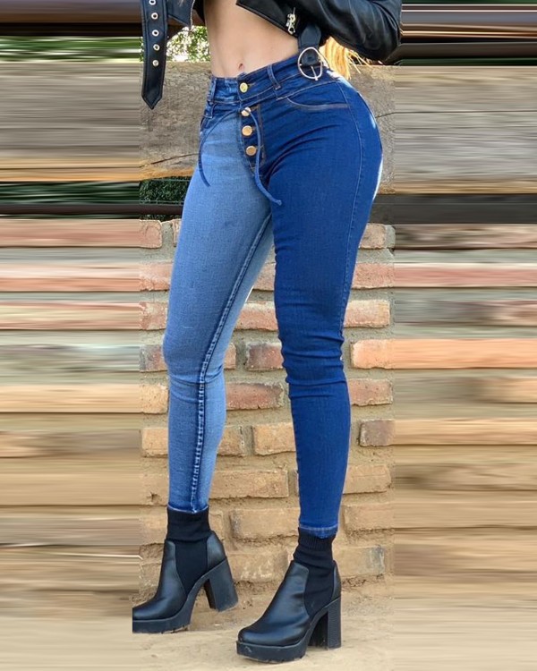 Colorblock Button Fly Skinny Jeans
