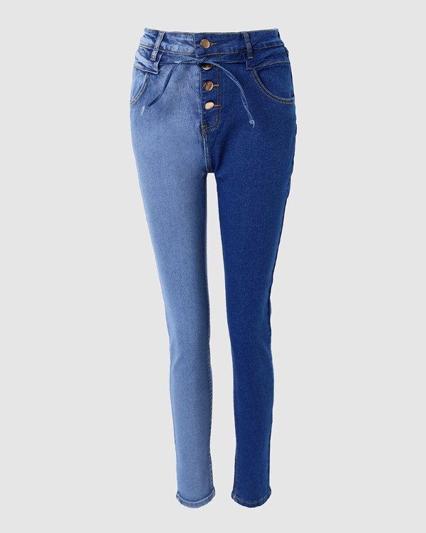 Colorblock Button Fly Skinny Jeans