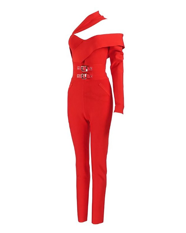 Asymmetrical Neck Buckled Skinny Jumpsuit