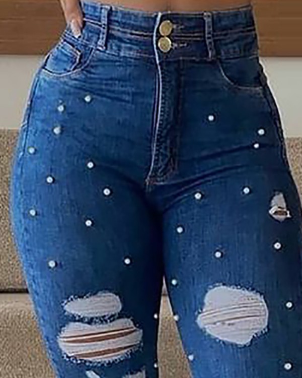 Beaded Ripped High Waist Skinny Jeans