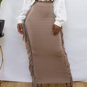 High Waist Tassel Design Skinny Maxi Skirt
