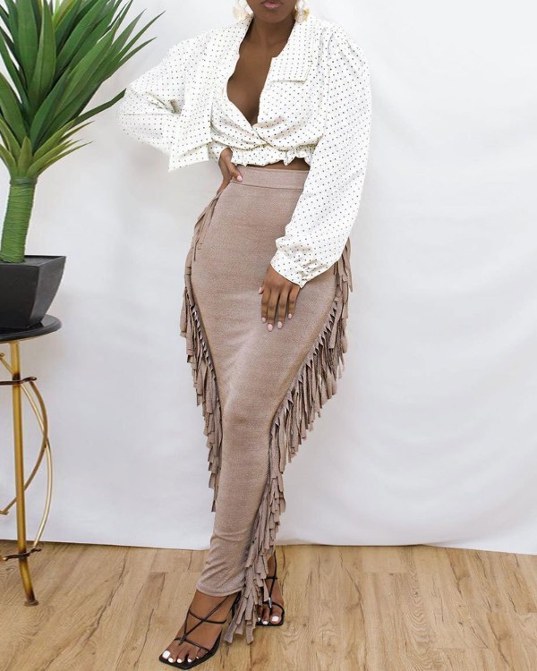 High Waist Tassel Design Skinny Maxi Skirt