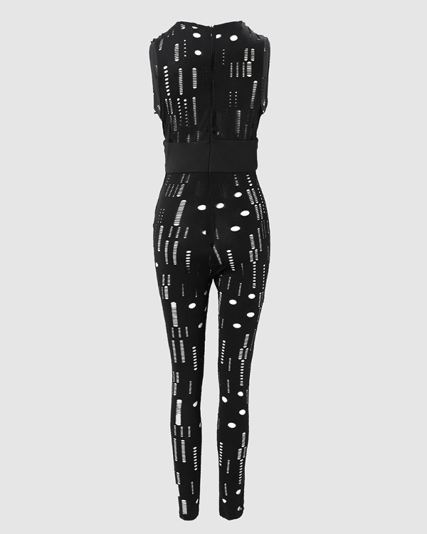 Deep V-Neck Hollow Out Sleeveless Skinny Jumpsuit