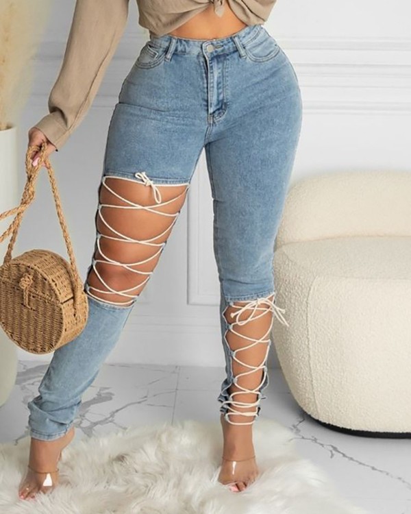 Lace-up Cutout Single Button High Waist Jeans