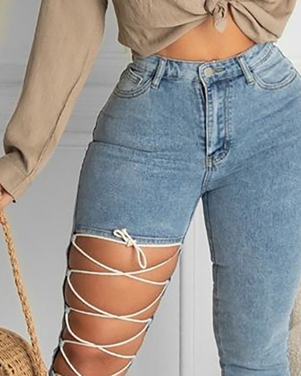 Lace-up Cutout Single Button High Waist Jeans