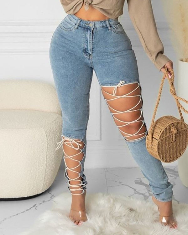 Lace-up Cutout Single Button High Waist Jeans
