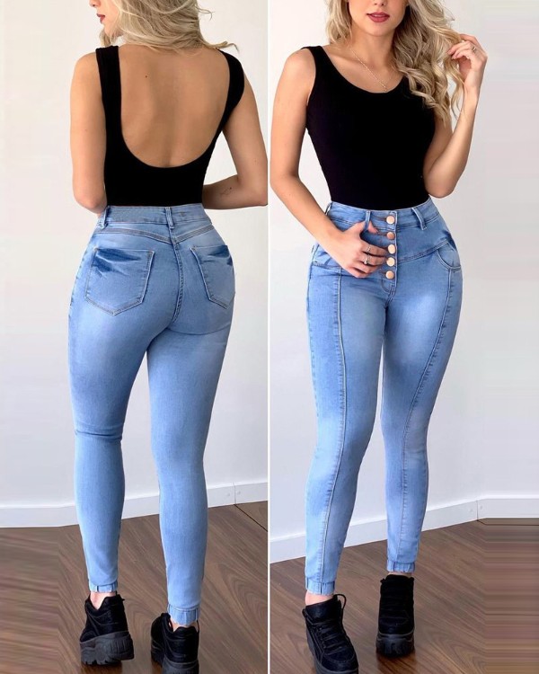 Buttoned High Waist Pocket Detail Skinny Jeans