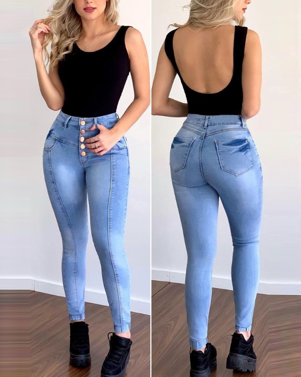 Buttoned High Waist Pocket Detail Skinny Jeans
